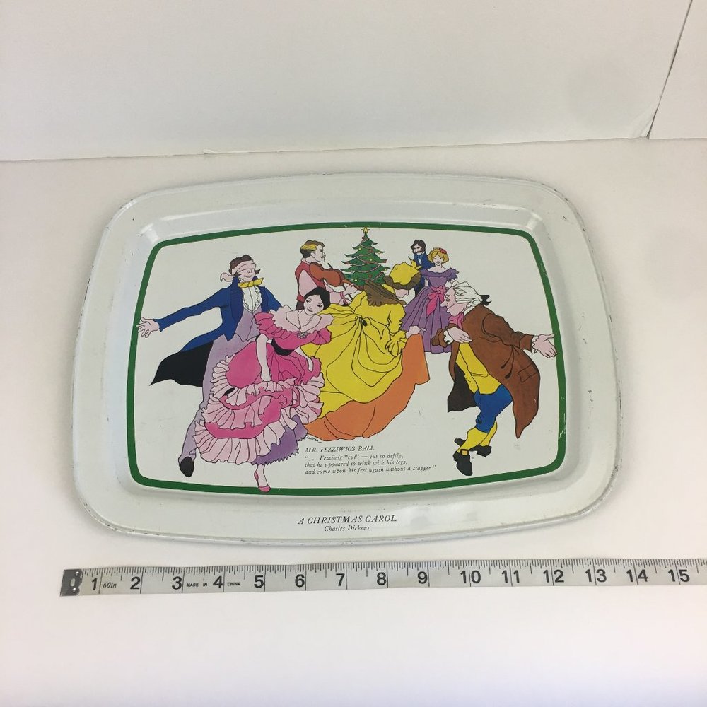 Vtg‎ Christmas Carol Charles Dickens White Tin Tray Decor Characters Holiday